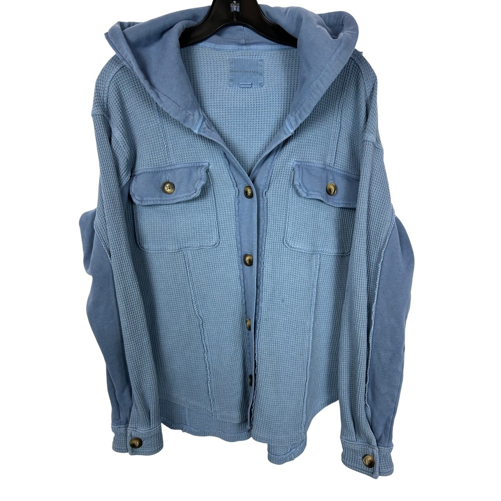 American Eagle Blue Waffle Knit Hooded Button Down Shacket Travel Friendly Small